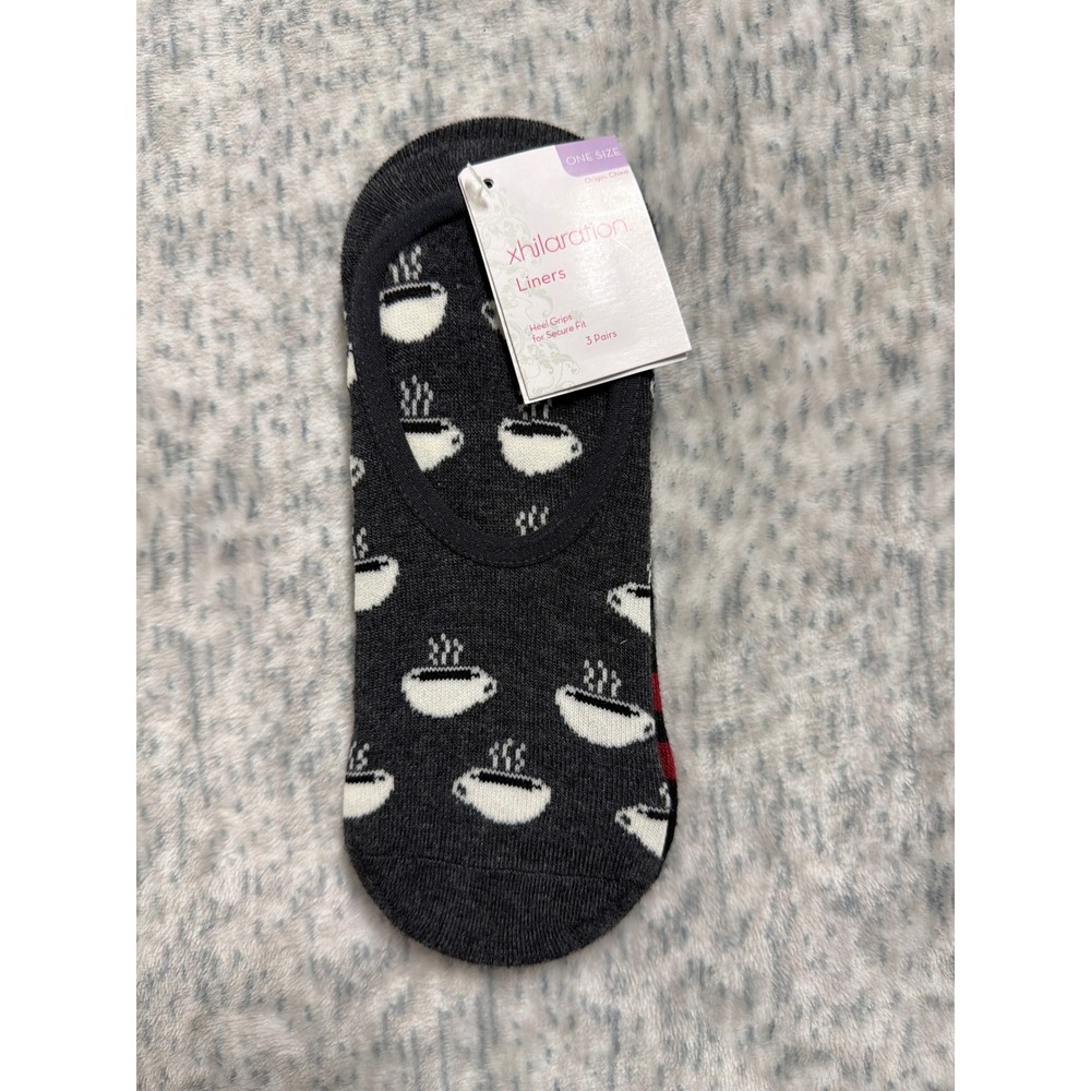 Xhilaration 3 Pack Liner Socks Coffee Cup Striped No Show Heel Grip One Size NEW